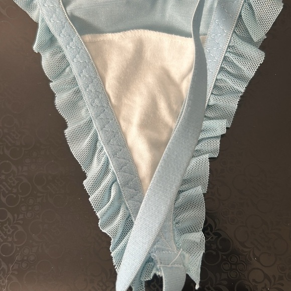 Coquette Silky Satin Mesh Ruffled “LOVE” Stretchy Baby Blue G-String Thong Panty - Picture 14 of 14